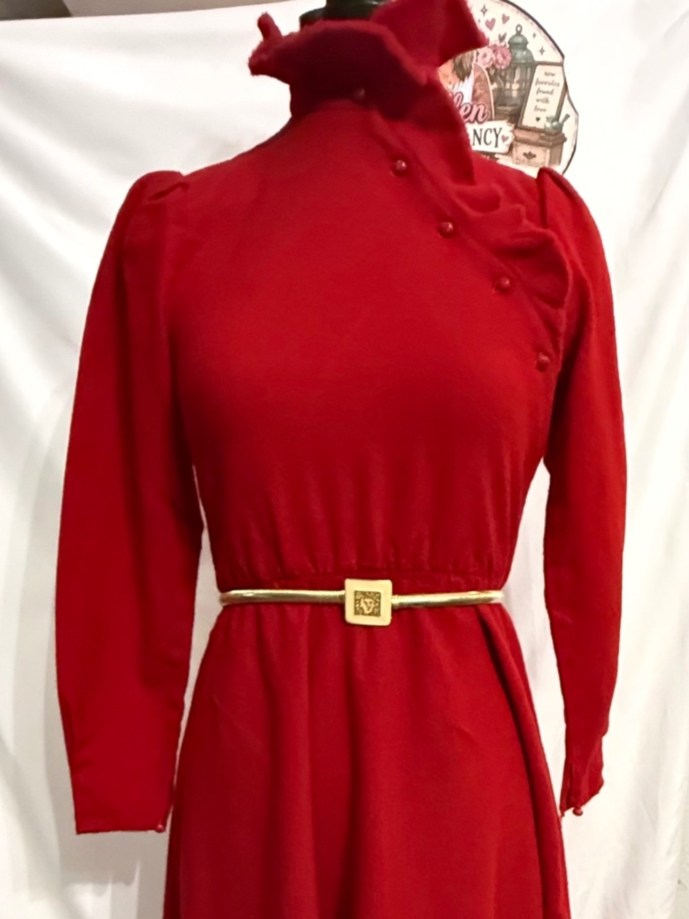Vintage 80s St Gillian by Kay Unger Red Ruffle High Neck Midi Dress Elastic Wai